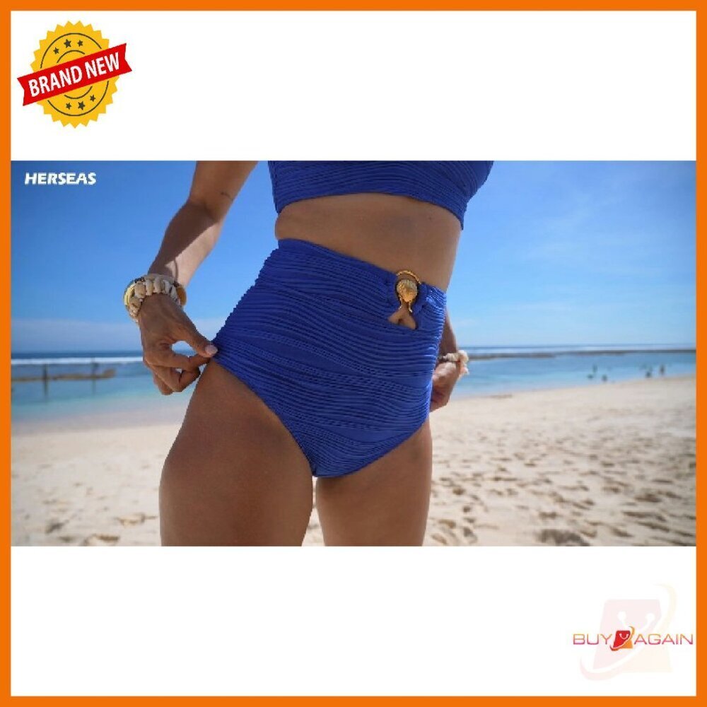 High Waisted Bikini Set with Metal Ring Cutout, Push Up Top, Textured Fabric - Picture 8 of 8
